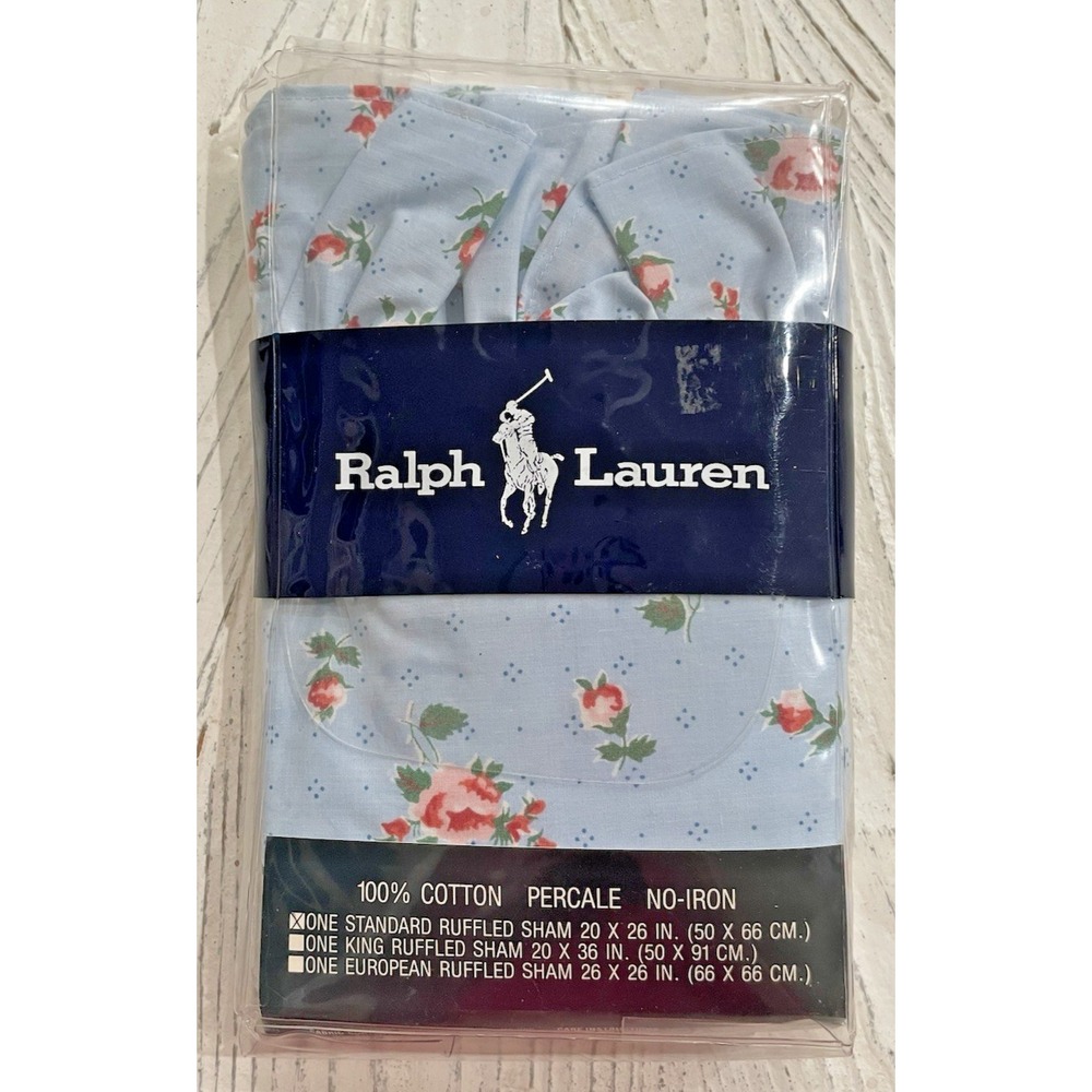Vtg New Ralph Lauren Calico Rose Blue Floral Ruffled Standard Pillow Sham NIP